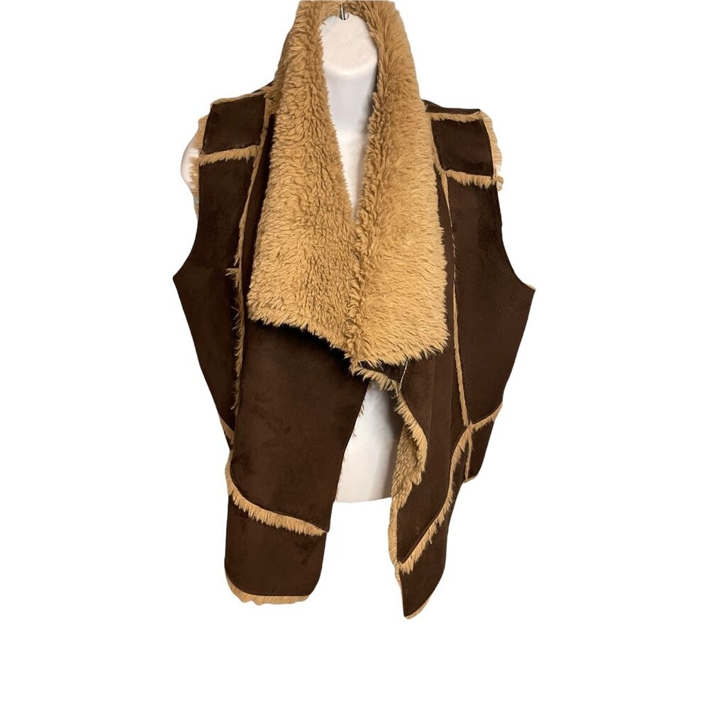 Olive & Oak Womens Brown Faux Suede Sherpa Open Front Vest Size S